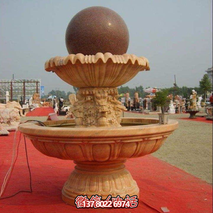 經典中式風水球，黃銹巖浮雕噴泉水