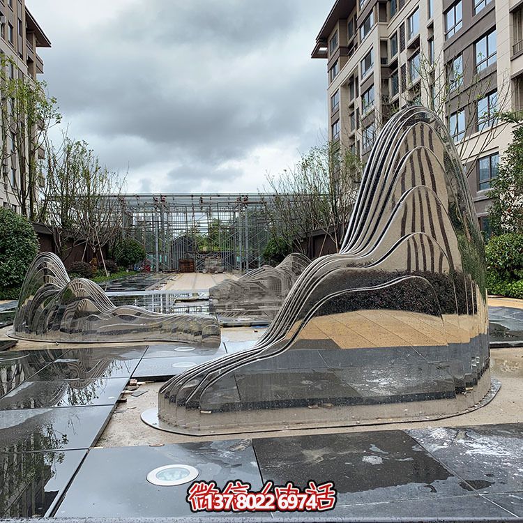 假山雕塑+不銹鋼噴泉，完美結合抽象鏡面美學