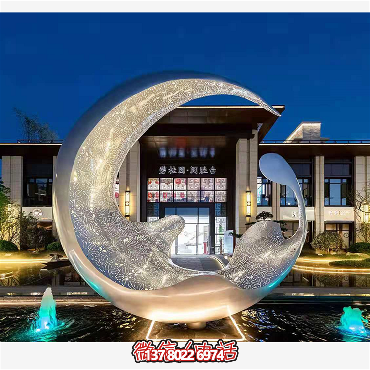 不銹鋼月亮水滴雕塑，透光水景裝飾雕塑
