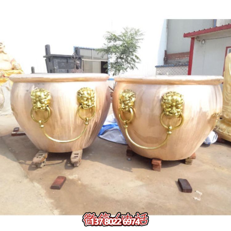 寺院戶外擺放黃銅鑄造招財(cái)聚寶盆大型圓水缸